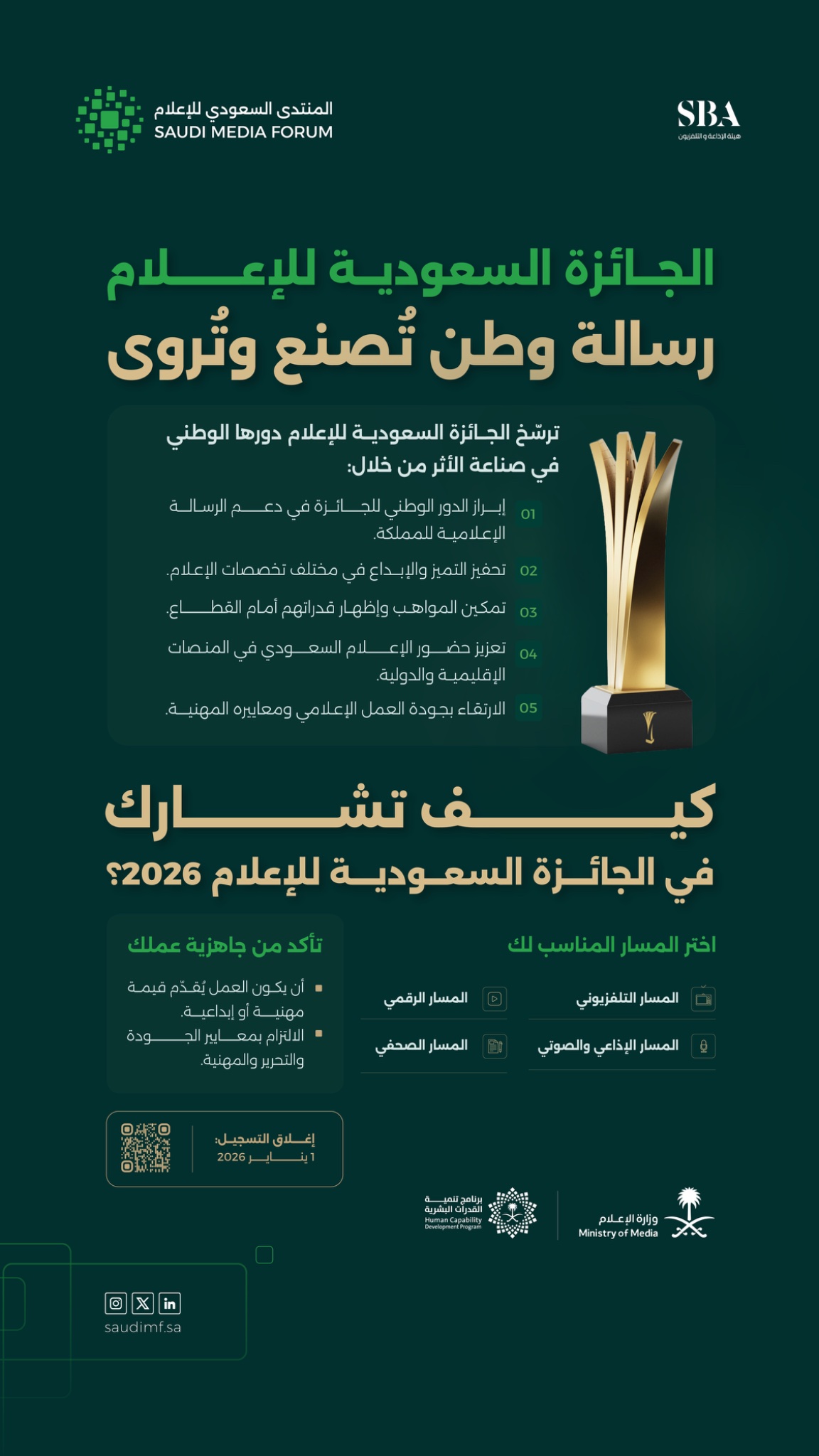 الجائزة السعودية للإعلام 2026؛ منصة وطنية راسخة للاحتفاء بصنّاع التأثير. 