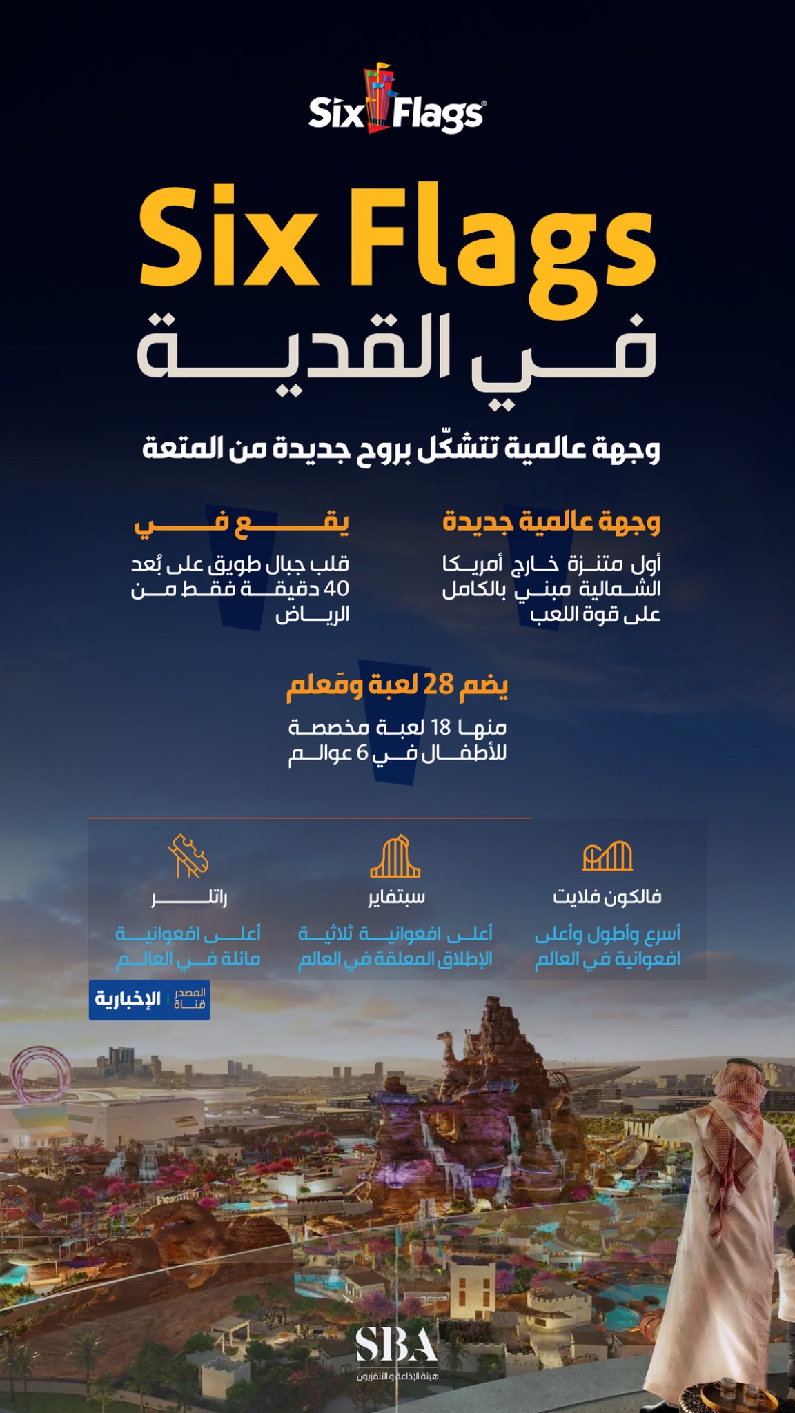 تجربة استثنائية غير مسبوقة على مستوى العالم تجمع بين الترفيه والرياضة والثقافة؛ متنزه "Six Flags" أولى الوجهات الترفيهية في مدينة القدية. 