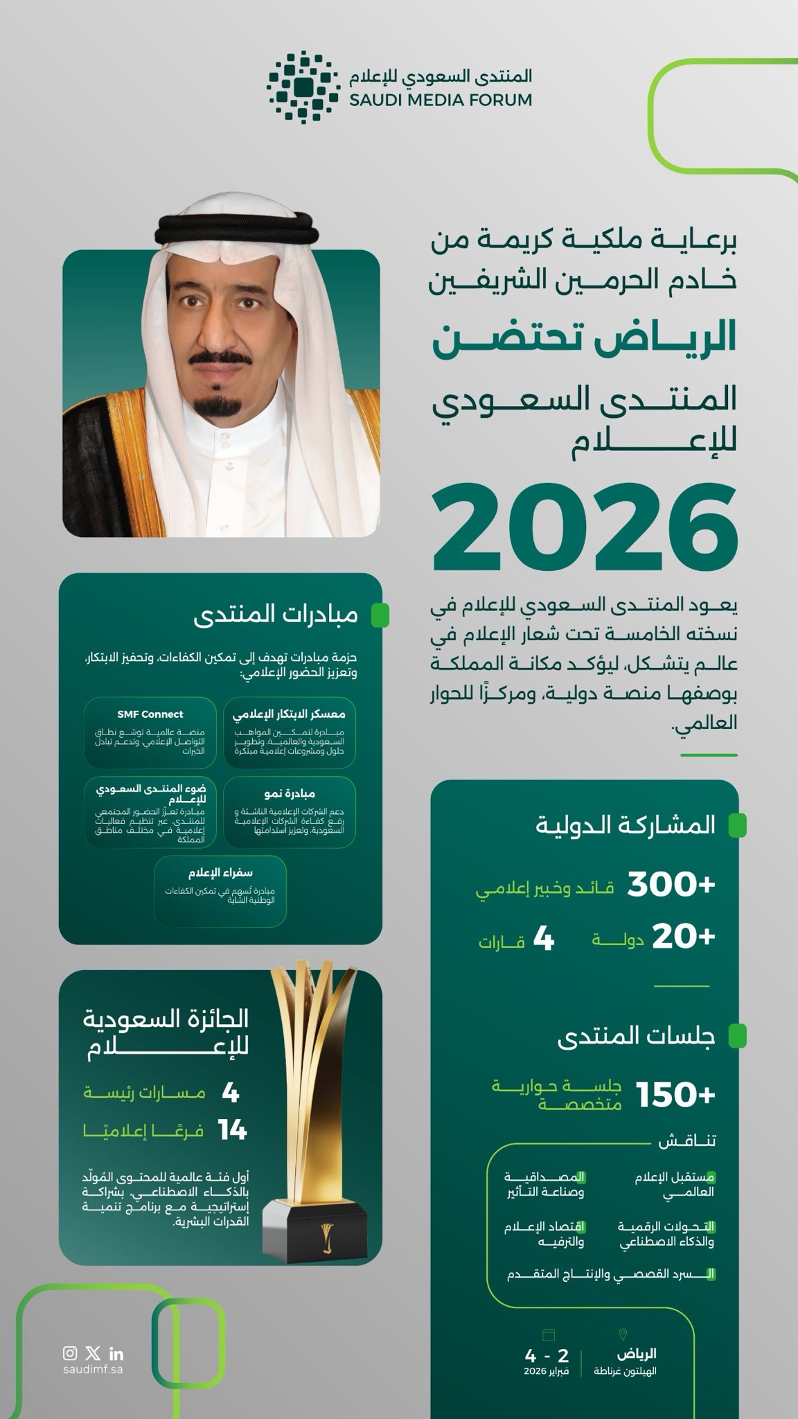 تحت رعاية خادم الحرمين الشريفين.. الرياض تحتضن النسخة الخامسة من المنتدى السعودي للإعلام 2026 الاثنين القادم.